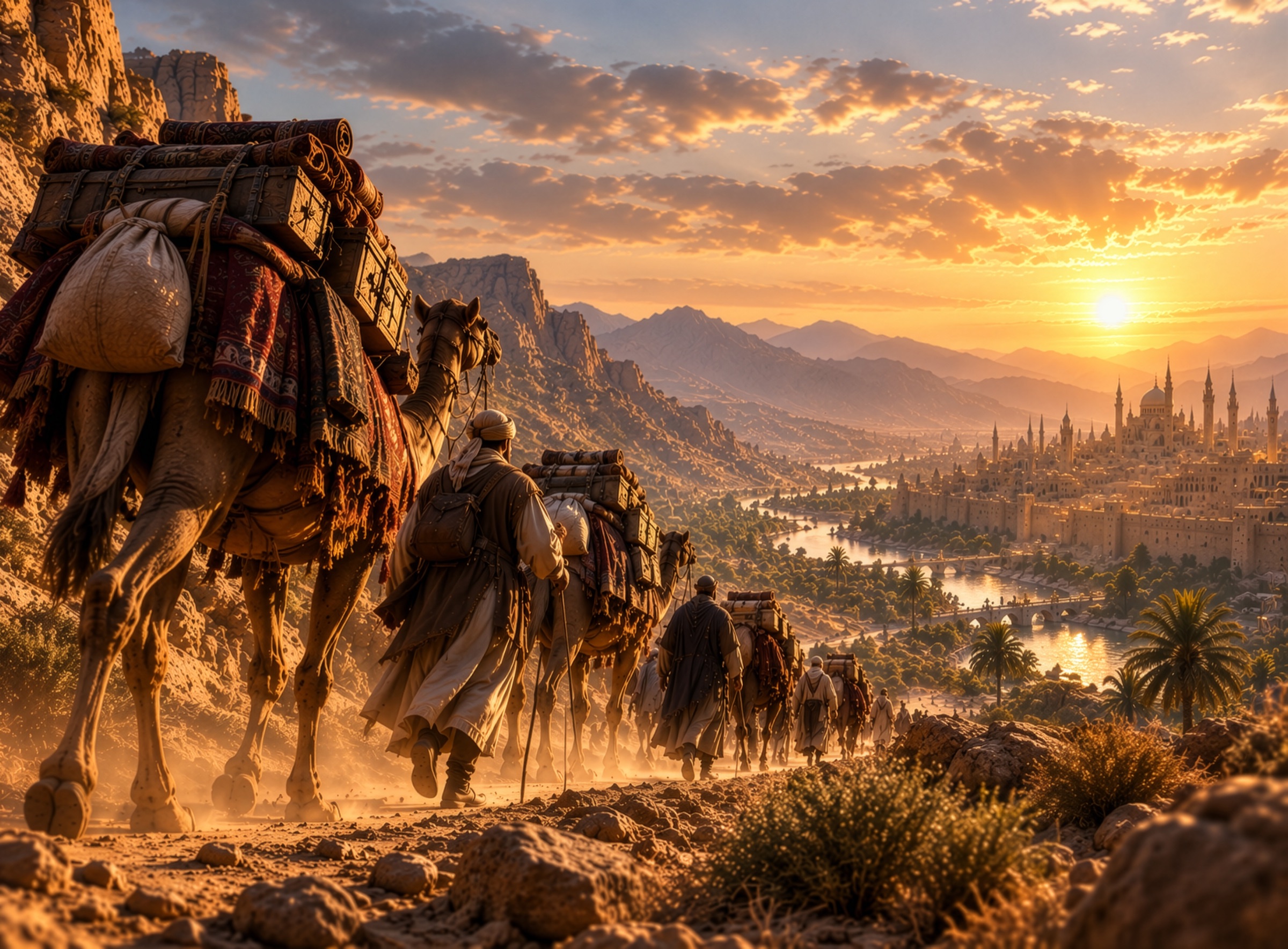 A caravan approaching a Silk Road city