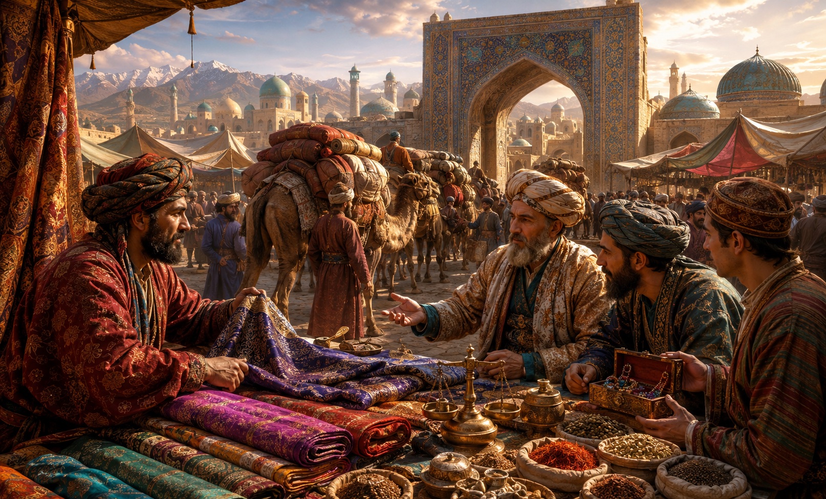 Merchants negotiating in a Silk Road bazaar