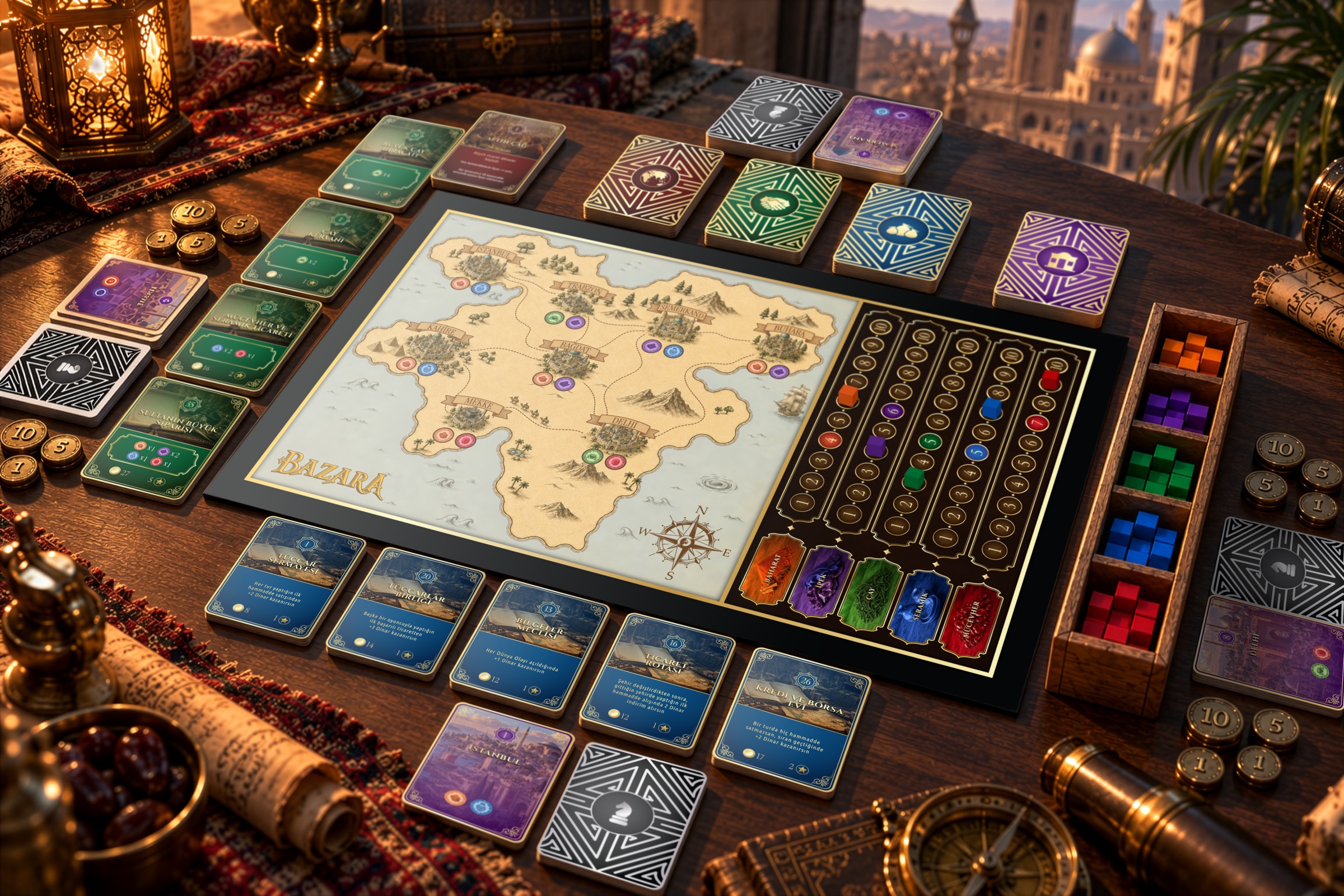 BAZARA board game set up on a wooden table